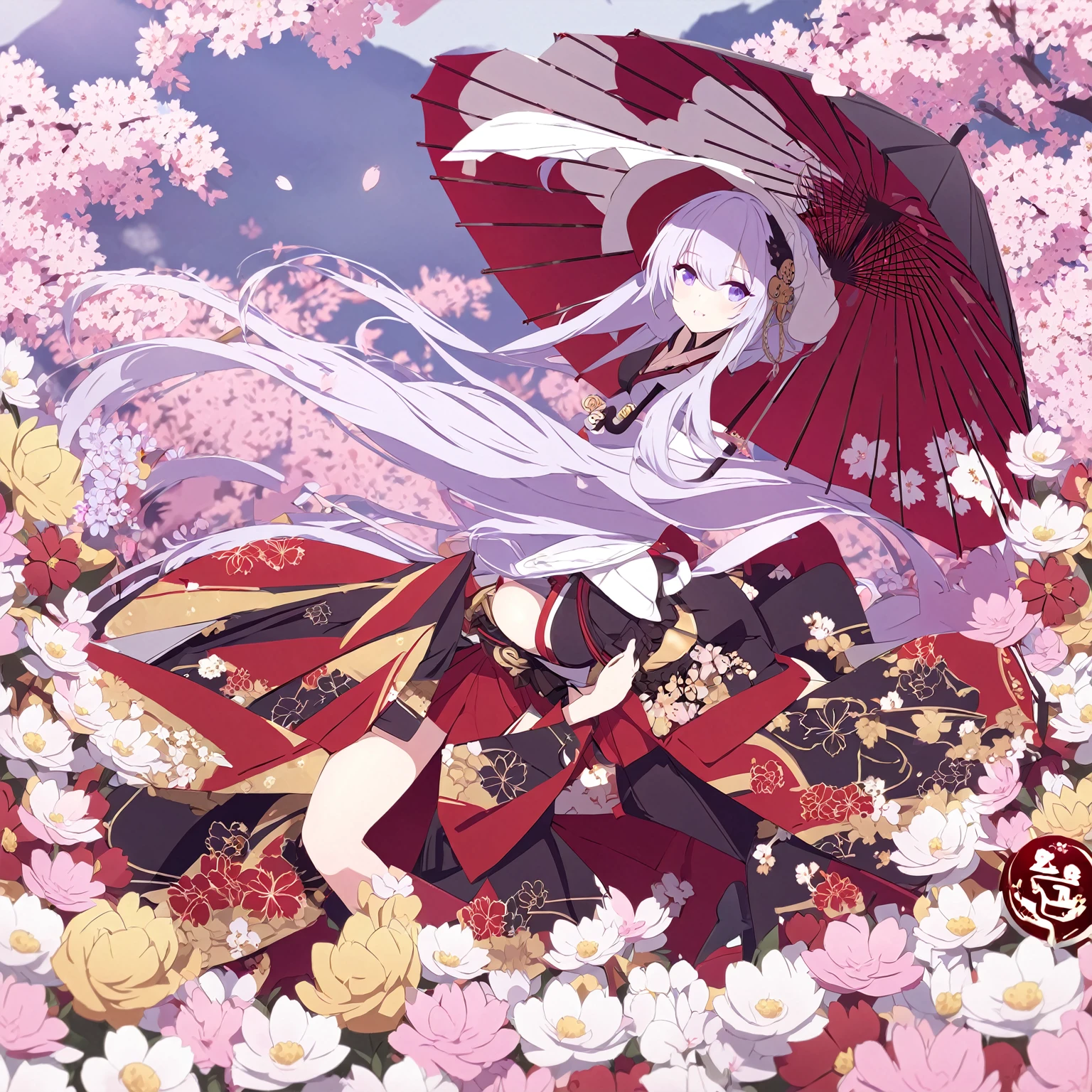 Eggs (( azur lane)), in a field of flowers with an umbrella, red black and gold kimono with sakura logo, purple eyes