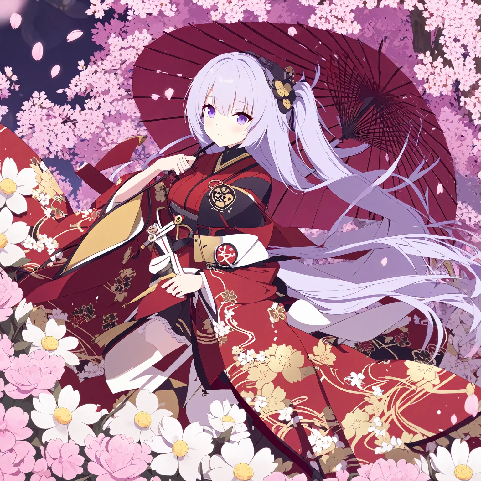 Eggs (( azur lane)), in a field of flowers with an umbrella, red black and gold kimono with sakura logo, purple eyes