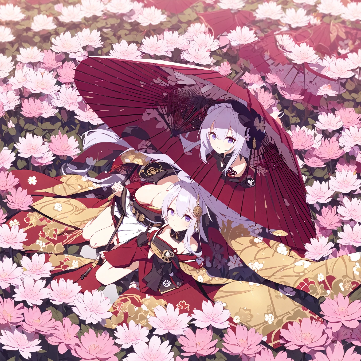 Eggs (( azur lane)), in a field of flowers with an umbrella, red black and gold kimono with sakura logo, purple eyes