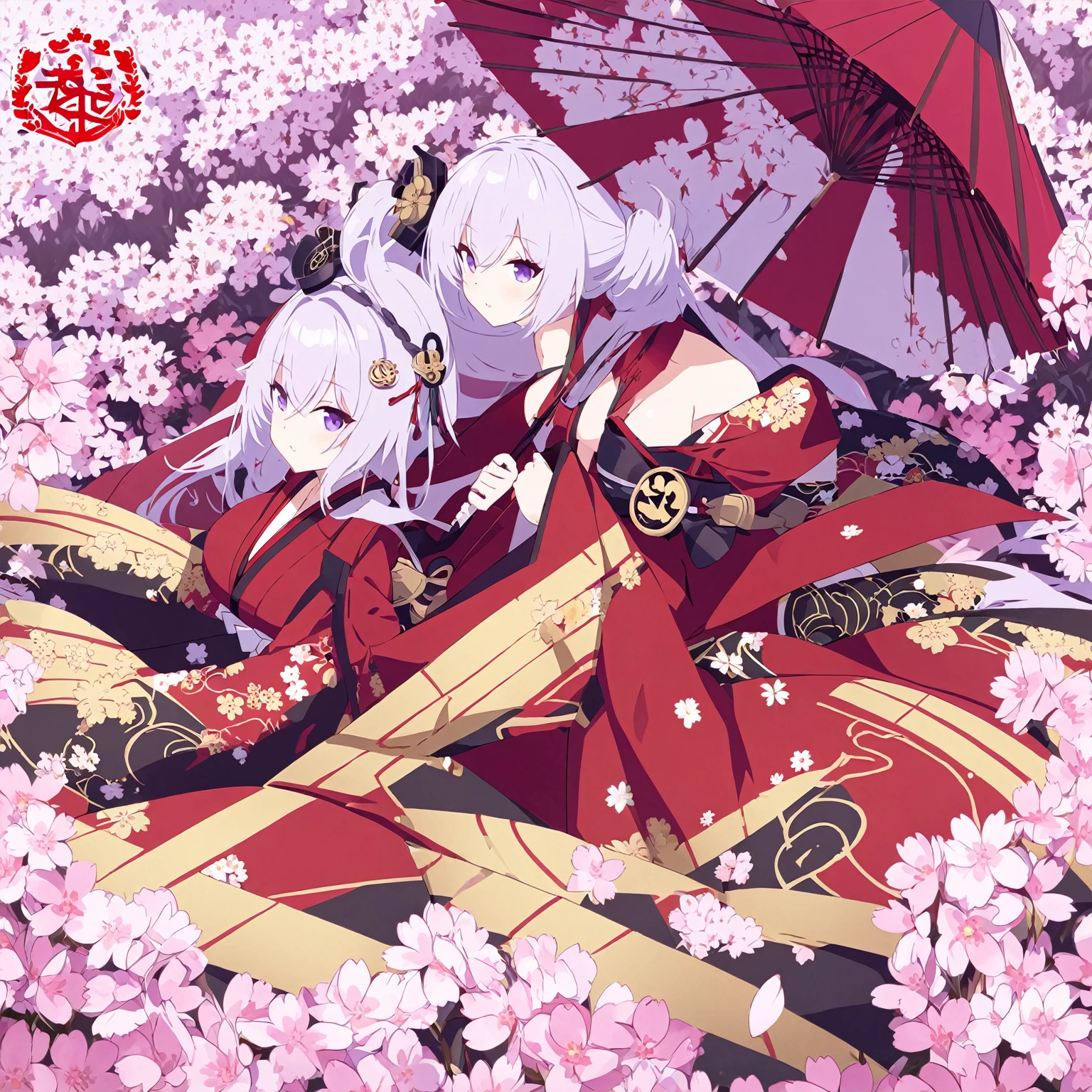 Eggs (( azur lane)), in a field of flowers with an umbrella, red black and gold kimono with sakura logo, purple eyes