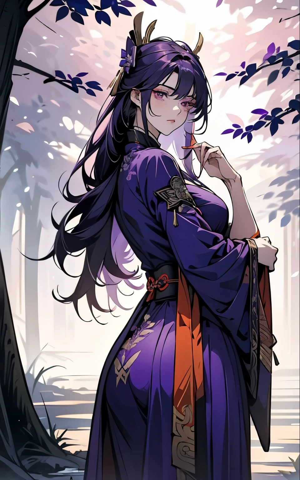 1 women, Raiden Shogun - genshin impact, long purple hair, violet eyes, violet chinese clothes, ultra long skirt, stands under a tree