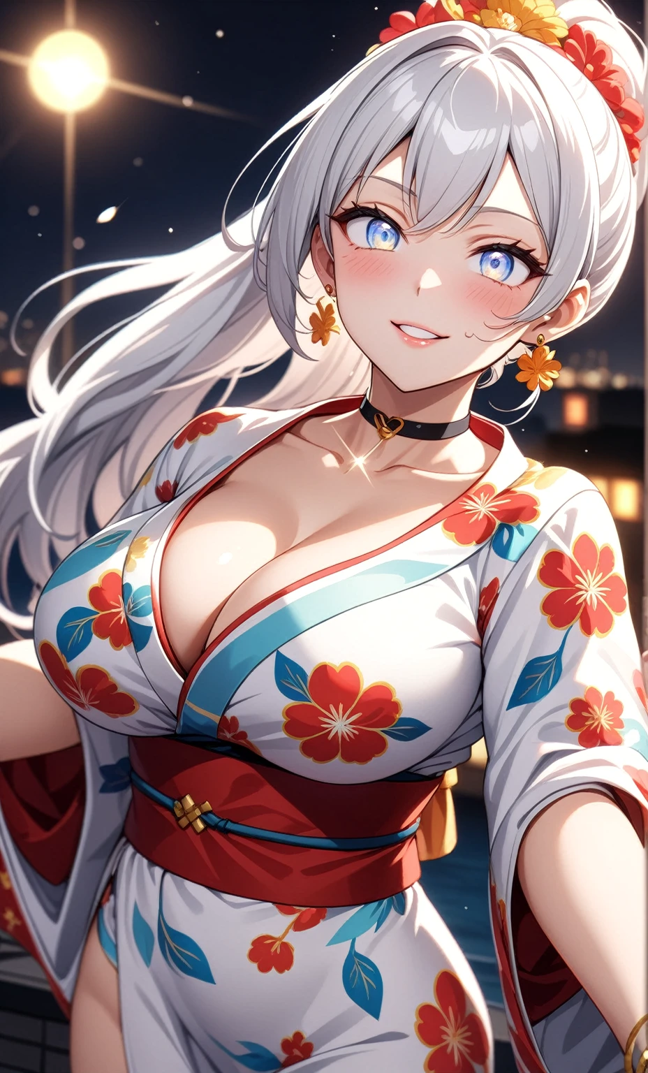 ((One personの女性)), Beautiful Face,Laughing shyly,((Wink:2.0)),Laugh with your mouth wide open((Bright red cheeks:1.4)),Glossy pink lips,night,rooftop,Festive decorations,You can see the ocean, firework,Laughing with your mouth open,Glossy pink lips,Lighting on the face,((Anime style background)),masterpiece, Highest quality, so beautiful,Latest, Complex details, (Pink long nails),(ring),(bracelet),(choker),AI-generated, Complex,High resolution, Highest quality, super high quality,3D Images、View your viewers、3D Images,One person,Long white hair,High Ponytail,(blue eyes),Anime woman posing for a photo, ((Fine grain、Silvery white colorful eyes、Shining Eyes:1.4)),(Squint your eyes:1.1),a hyperRealistic , hyperRealistic , Realistic,Anime woman with long and white hair, Smooth anime CG art, A woman in a colorful kimono with gold embroidery, (Black long sleeve kimono),Red floral pattern,Long flower hair ornament,Big earrings,Mature Body,(Big Breasts:1.1),Tall,Abdominal muscles,Narrow waist,(Zoom in on face:2.0),(Shooting from an angle:1.5),(Tilt the angle:1.3),