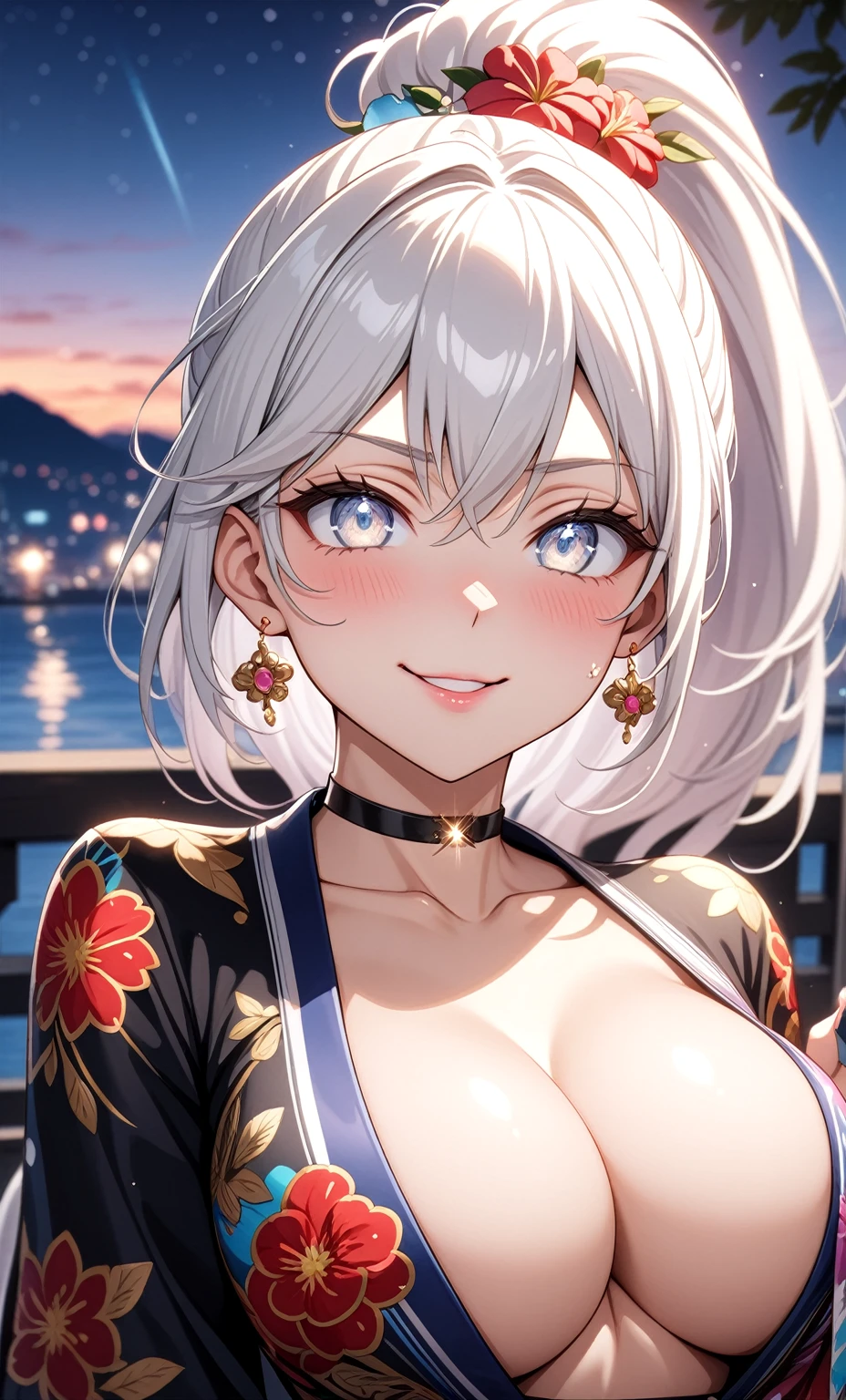 ((One personの女性)), Beautiful Face,Laughing shyly,((Wink:2.0)),Laugh with your mouth wide open((Bright red cheeks:1.4)),Glossy pink lips,night,rooftop,Festive decorations,You can see the ocean, firework,Laughing with your mouth open,Glossy pink lips,Lighting on the face,((Anime style background)),masterpiece, Highest quality, so beautiful,Latest, Complex details, (Pink long nails),(ring),(bracelet),(choker),AI-generated, Complex,High resolution, Highest quality, super high quality,3D Images、View your viewers、3D Images,One person,Long white hair,High Ponytail,(blue eyes),Anime woman posing for a photo, ((Fine grain、Silvery white colorful eyes、Shining Eyes:1.4)),(Squint your eyes:1.1),a hyperRealistic , hyperRealistic , Realistic,Anime woman with long and white hair, Smooth anime CG art, A woman in a colorful kimono with gold embroidery, (Black long sleeve kimono),Red floral pattern,Long flower hair ornament,Big earrings,Mature Body,(Big Breasts:1.1),Tall,Abdominal muscles,Narrow waist,(Zoom in on face:2.0),(Shooting from an angle:1.5),(Tilt the angle:1.3),