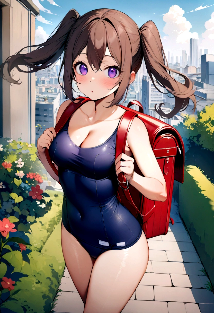 masterpiece, Highest quality, Nico_Yazawa,High resolution, 1 Girl, alone, Brown Hair, short hair, Twin tails、Purple eyes, Cowboy Shot, School Swimsuit、(Cleavage)、(Beautiful thighs)、city, Outdoor, garden, Carrying a red backpack, (randoseru backpack:1.2)