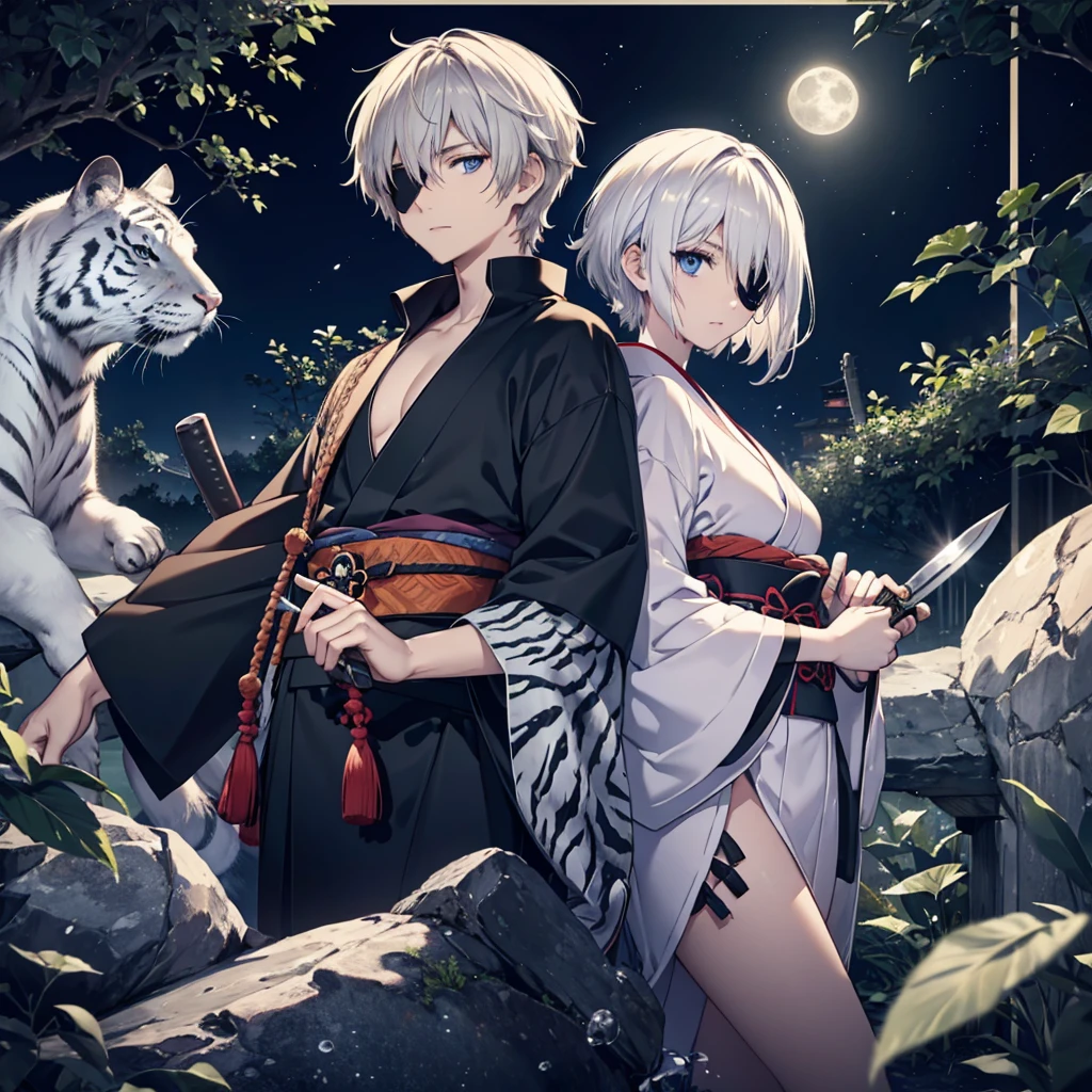 (((1 person))) (((Put on an eye patch))) ((White Tiger)) ((High resolution short hair Gray Hair Black kimono Shoulder knifeを持つ Hold with both hands)) ((Black Band samurai Lonely despair blue eyes Close-up)) ((Blue Butterfly night Japanese style old Shining Aura garden water surface full moon Catch the wind)) (dance 日本knife knife) moonlight star Draw your sword Shining Background Shining Edge