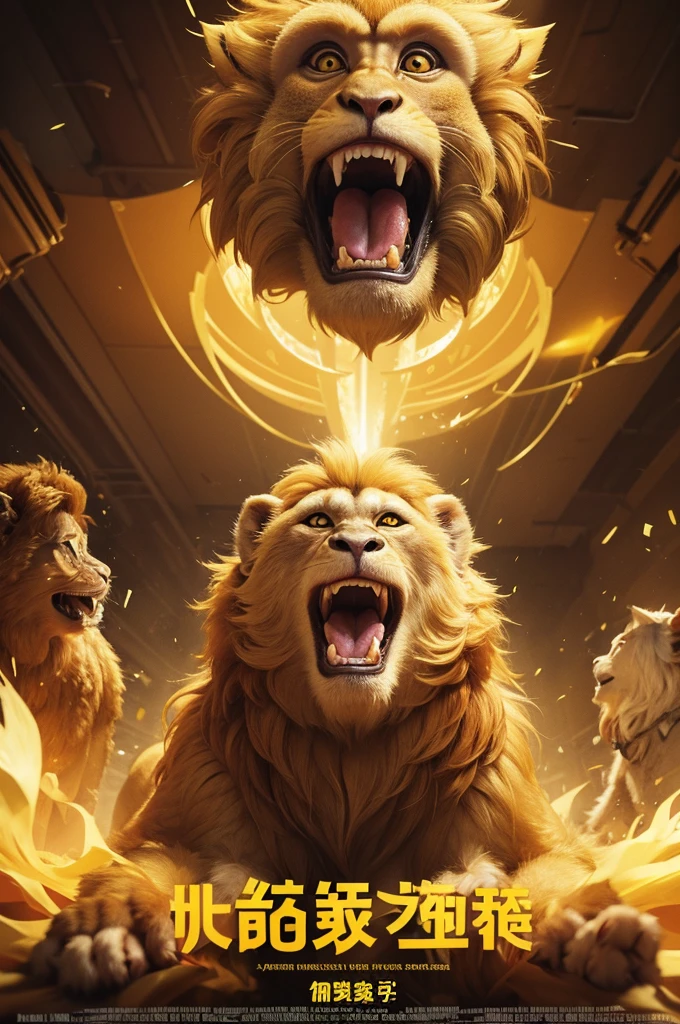 a yellow poster with a golden lion monkey roaring in the middle