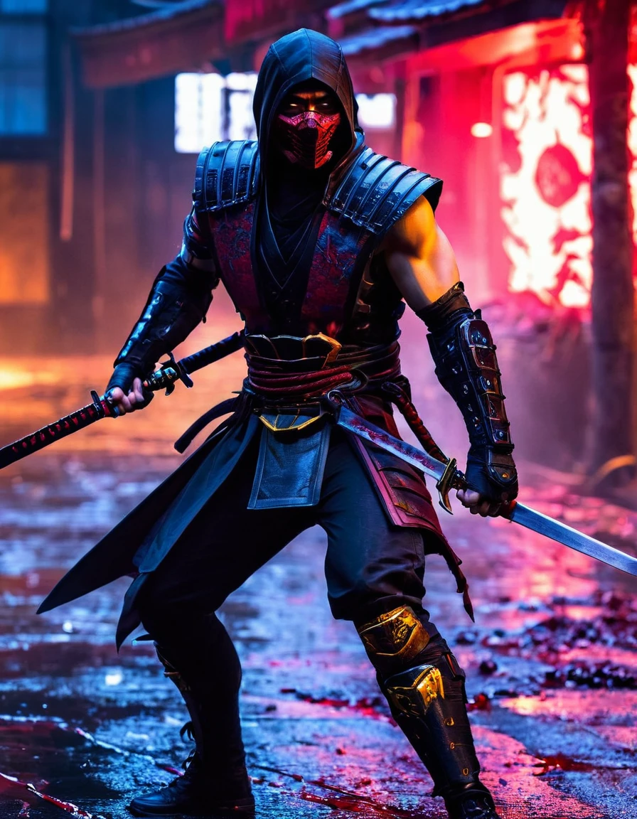 Mortal Kombat, scorpion, sh4g0d style cyberpunk samurai，(cloak mask:1.2),(Strong dynamic posture:1.5)，(fighting:1.3)，(Blood splattered)，strong，The face is resolute， 8k, super detail, ccurate, best quality