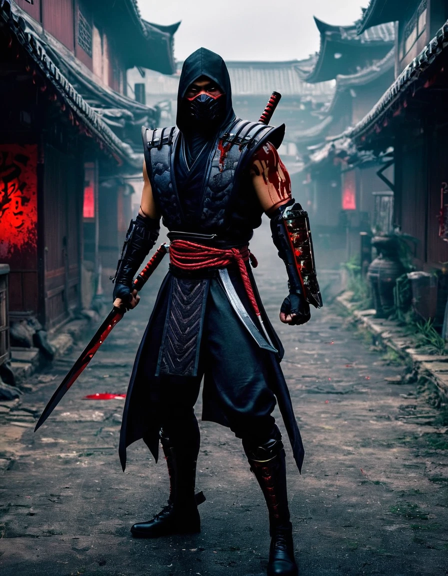 Mortal Kombat, scorpion, sh4g0d style cyberpunk samurai，(cloak mask:1.2),(Strong dynamic posture:1.5)，(fighting:1.3)，(Blood splattered)，strong，The face is resolute， 8k, super detail, ccurate, best quality