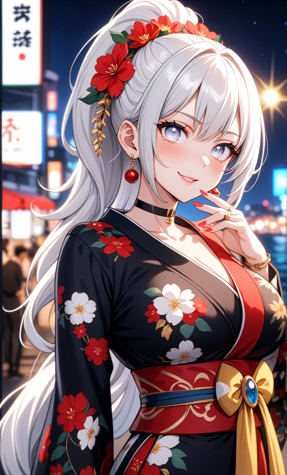 ((One personの女性)), Beautiful Face,Laughing shyly,((Wink:2.0)),Laugh with your mouth wide open((Bright red cheeks:1.4)),Glossy pink lips,night,rooftop,Festive decorations,You can see the ocean, firework,Laughing with your mouth open,Glossy pink lips,Lighting on the face,((Anime style background)),masterpiece, Highest quality, so beautiful,Latest, Complex details, (Pink long nails),(ring),(bracelet),(choker),AI-generated, Complex,High resolution, Highest quality, super high quality,3D Images、View your viewers、3D Images,One person,Long white hair,High Ponytail,(blue eyes),Anime woman posing for a photo, ((Fine grain、Silvery white colorful eyes、Shining Eyes:1.4)),(Squint your eyes:1.1),a hyperRealistic , hyperRealistic , Realistic,Anime woman with long and white hair, Smooth anime CG art, A woman in a colorful kimono with gold embroidery, (Black long sleeve kimono),Red floral pattern,Long flower hair ornament,Big earrings,Mature Body,(Big Breasts:1.1),Tall,Abdominal muscles,Narrow waist,(Zoom in on face:2.0),(Shooting from an angle:1.5),(Tilt the angle:1.3),