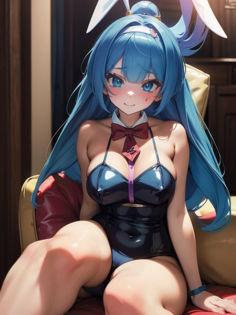 Best Image Quality, 8 k, high quality, masterpiece:1.2), ((masterpiece)), (high detail, high quality, Best Image Quality), solo, 1 girl, Konosuba ,aqua, detailed face, A smirk on his face, looks at the viewer, detailed clothing, detailed fabric, Hair rings, bunny suit, tight suit, false rabbit ears, big breasts, middle thighs, Bedroom, armchair, sitting in a chair, toe to toe