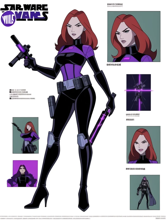 Derrick J Wyatt style, masterpiece, best quality, solo, 1girl, Mara Jade from Star Wars, science fiction, Star Wars based environment, She's wearing a tight shiny black leather suit, gloves, silver utility belt and high-heel boots. She's holding a purple lightsaber. Dynamic poses, Character concept, character art, Character portrait, masterpiece