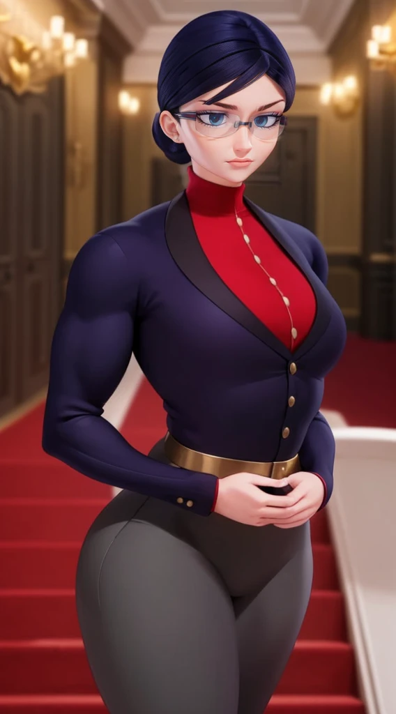 (masterpiece, best quality:1.2), 1girl, solo,Create a detailed illustration of Natalie Sancoeur from 'Miraculous Ladybug.' She a muscular female bodybuilder in red bra inside office suit and her hair is dark blue and a bit red from end to the left side of head, detailed face, beautiful detailed eyes, beautiful detailed lips, extremely detailed face and muscles, long eyelashes, strong muscles bulging through suit, dynamic pose, professional studio lighting, hyperrealistic, 8k, high quality, photorealistic, physically-based rendering, concept art, dramatic color palette, ((abs)), is depicted in her usual professional attire, with a stern and composed expression. The background should be set in the Agreste mansion, showcasing elements like elegant furniture and a grand staircase, reflecting the opulent setting. Emphasize her poised and meticulous nature, highlighting her distinctive glasses and neatly tied hair. The overall mood should be serious and sophisticated, capturing her role as a competent and loyal assistant.