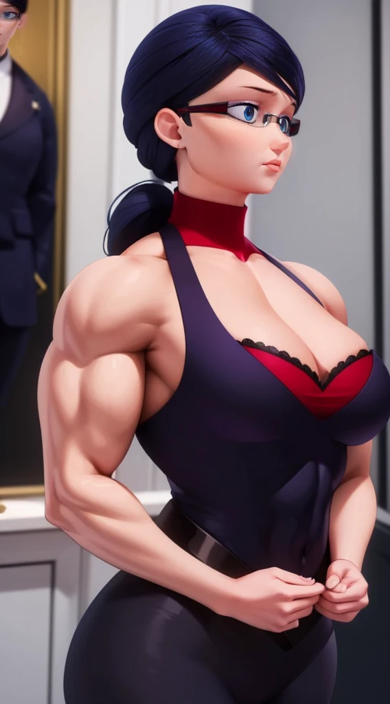 (masterpiece, best quality:1.2), 1girl, solo,Create a detailed illustration of Natalie Sancoeur from 'Miraculous Ladybug.' She a muscular female bodybuilder in red bra inside office suit and her hair is dark blue and a bit red from end to the left side of head, detailed face, beautiful detailed eyes, beautiful detailed lips, extremely detailed face and muscles, long eyelashes, strong muscles bulging through suit, dynamic pose, professional studio lighting, hyperrealistic, 8k, high quality, photorealistic, physically-based rendering, concept art, dramatic color palette, ((abs)), is depicted in her usual professional attire, with a stern and composed expression. The background should be set in the Agreste mansion, showcasing elements like elegant furniture and a grand staircase, reflecting the opulent setting. Emphasize her poised and meticulous nature, highlighting her distinctive glasses and neatly tied hair. The overall mood should be serious and sophisticated, capturing her role as a competent and loyal assistant.