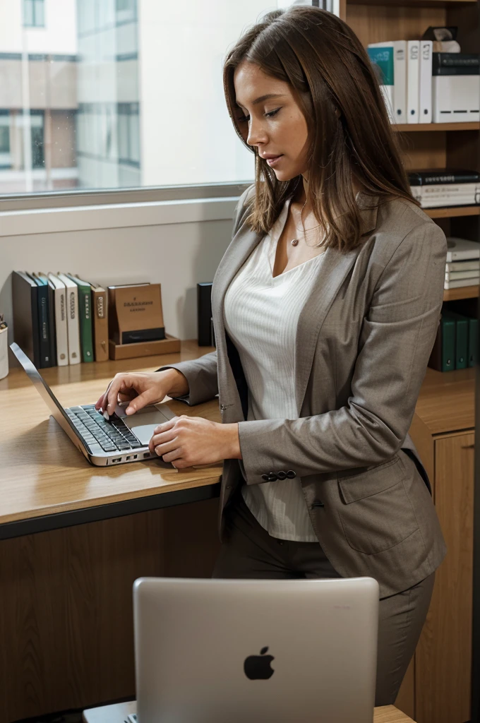 A woman around 50 years old with shoulder-length light brown hair is working diligently at her modern, minimalist office desk. She is wearing a tailored dark grey blazer over a white blouse and is focused on her work. The office space is bright and spacious with large windows letting in natural light. On the desk, there are a laptop, some documents, a coffee cup, and a smartphone. In the background, there are shelves with neatly arranged books, a few green plants, and a whiteboard with some business charts. The woman exudes professionalism and experience as she types on her laptop, maintaining a poised and composed demeanor.






