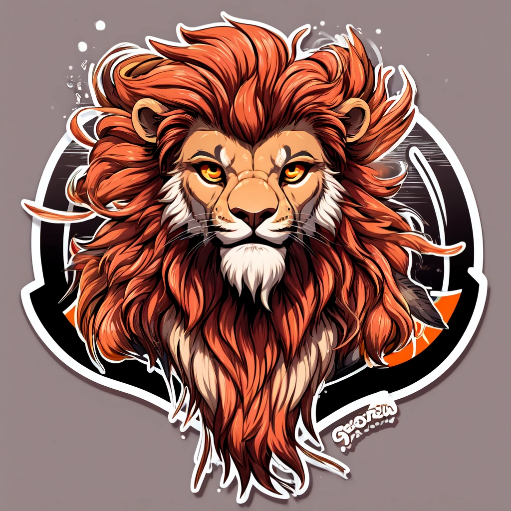 a design [lion head], [soft neon light], sticker art, vector art, dark backgroud, and splash orange and red blods, hight quality for digital print
