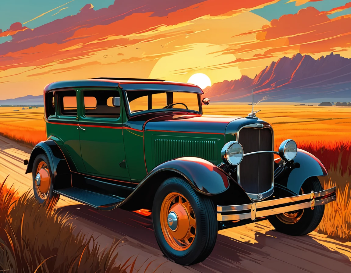 stylized digital art featuring a dark red Ford T jalopy parked by a dusty dirt road through a field during sunset. The sky is painted in warm shades of orange, yellow and red, with the sun low on the horizon. The jalopy is portrayed from the corner, with its shiny red bodywork. Its wheels are classic, with a white stripe, rubberized tire and shiny metal rim that reflects the light of the setting sun. The jalopy's headlights are on. The field is filled with tall grass that sways in the wind. The grass is represented in shades of green and brown, with some lighter areas, which could be an artistic choice to emphasize the intensity of the scene. The overall art style is reminiscent of comic book art, with bold lines and a limited color palette that enhance the dramatic effect of the scene. Art by Dechko Uzunov, highly detailed vector art, vintage art style, comic book art, digital Ford T, Martin Ansin, by Evan Charlton, sunset!, by Eddie Mendoza, sunset illustration sun, featured art, digital colorful illustration, (masterpiece), best quality