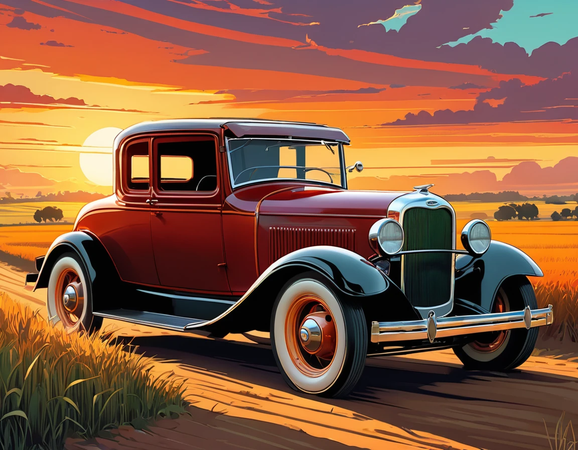 stylized digital art featuring a dark red Ford T jalopy parked by a dusty dirt road through a field during sunset. The sky is painted in warm shades of orange, yellow and red, with the sun low on the horizon. The jalopy is portrayed from the corner, with its shiny red bodywork. Its wheels are classic, with a white stripe, rubberized tire and shiny metal rim that reflects the light of the setting sun. The jalopy's headlights are on. The field is filled with tall grass that sways in the wind. The grass is represented in shades of green and brown, with some lighter areas, which could be an artistic choice to emphasize the intensity of the scene. The overall art style is reminiscent of comic book art, with bold lines and a limited color palette that enhance the dramatic effect of the scene. Art by Dechko Uzunov, highly detailed vector art, vintage art style, comic book art, digital Ford T, Martin Ansin, by Evan Charlton, sunset!, by Eddie Mendoza, sunset illustration sun, featured art, digital colorful illustration, (masterpiece), best quality