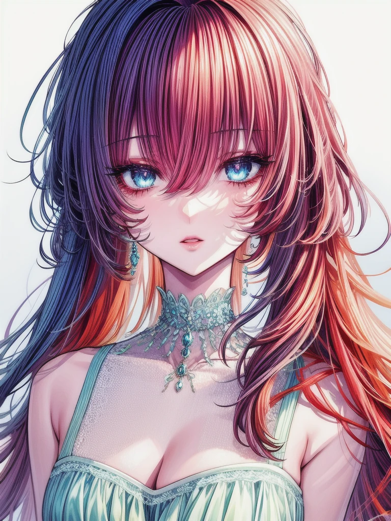 super verbose、highest quallity、vibrant colors、HD 4k、 a beautiful girl、beautiful fur、long curly orange hair、Messy hair、disordered hair、orange eyelashes、diamond eyes、turquoise eyes、Beautiful  eyes、detailed eyes、lips、bright and low-cut white dress、spectacular view、