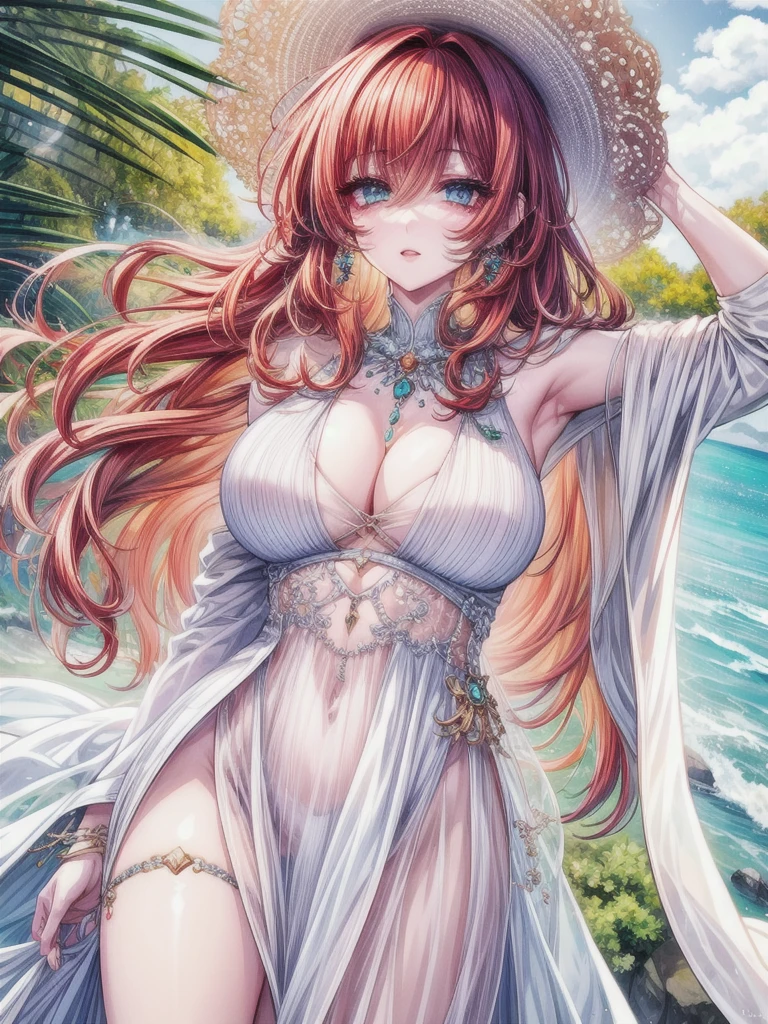 super verbose、highest quallity、vibrant colors、HD 4k、 a beautiful girl、beautiful fur、long curly orange hair、Messy hair、disordered hair、orange eyelashes、diamond eyes、turquoise eyes、Beautiful eyes、detailed eyes、lips、bright and low-cut white dress、spectacular view、