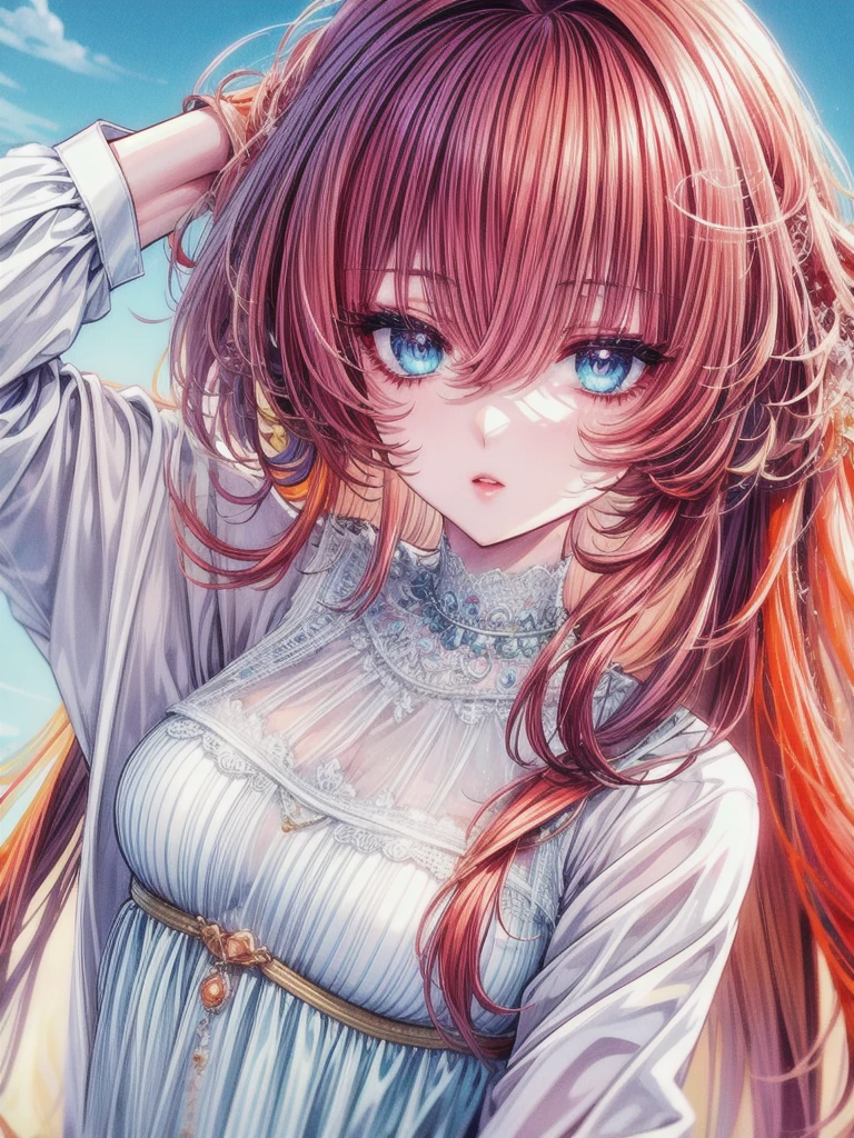 super verbose、highest quallity、vibrant colors、HD 4k、 a beautiful girl、beautiful fur、long curly orange hair、Messy hair、disordered hair、orange eyelashes、diamond eyes、turquoise eyes、Beautiful  eyes、detailed eyes、lips、bright and low-cut white dress、spectacular view、