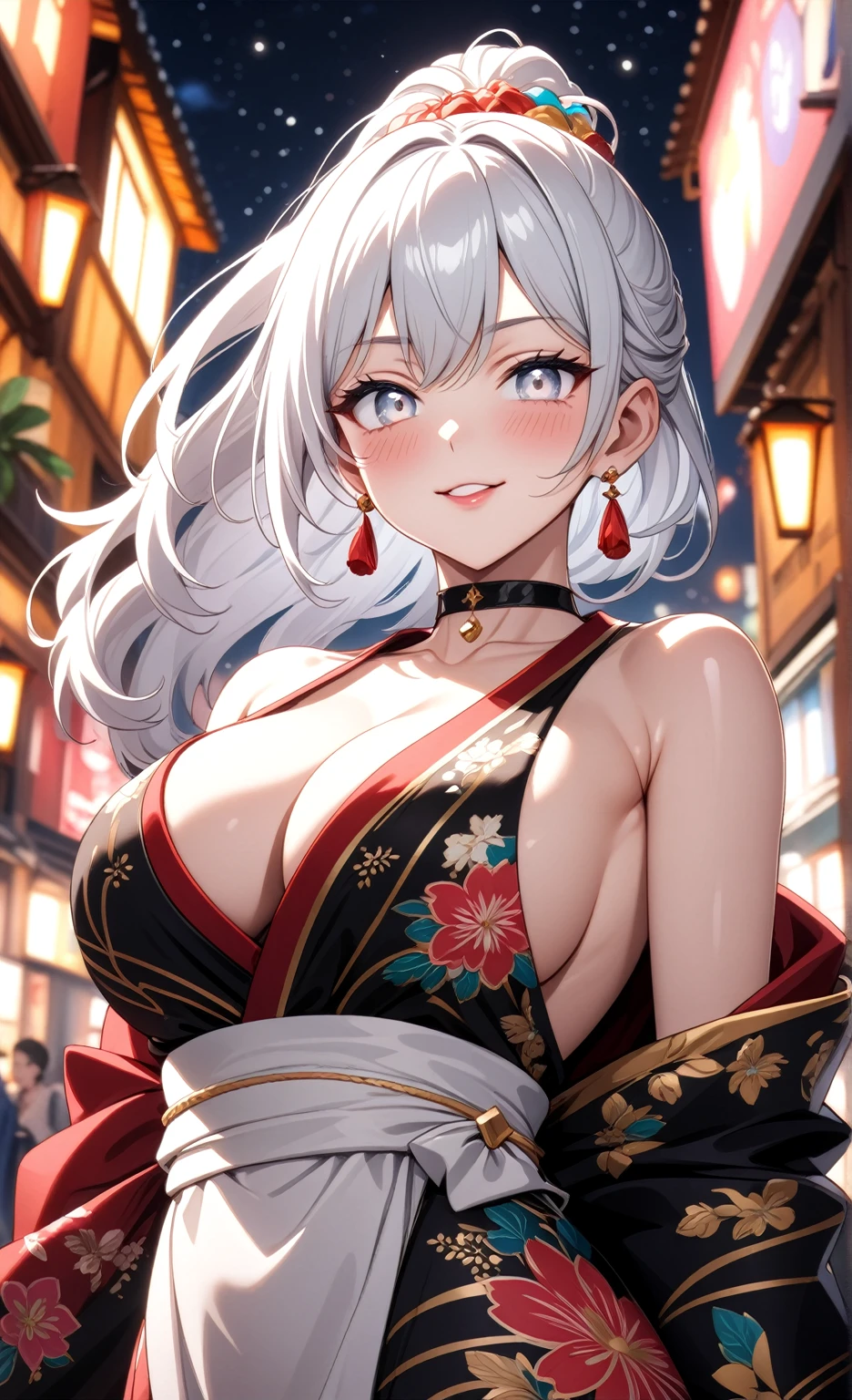 ((One personの女性)), Beautiful Face,Laughing shyly,((Wink:2.0)),Laugh with your mouth wide open((Bright red cheeks:1.4)),Glossy pink lips,night,rooftop,Festive decorations,You can see the ocean, firework,Laughing with your mouth open,Glossy pink lips,Lighting on the face,((Anime style background)),masterpiece, Highest quality, so beautiful,Latest, Complex details, (Pink long nails),(ring),(bracelet),(choker),AI-generated, Complex,High resolution, Highest quality, super high quality,3D Images、View your viewers、3D Images,One person,Long white hair,High Ponytail,(blue eyes),Anime woman posing for a photo, ((Fine grain、Silvery white colorful eyes、Shining Eyes:1.4)),(Squint your eyes:1.1),a hyperRealistic , hyperRealistic , Realistic,Anime woman with long and white hair, Smooth anime CG art, A woman in a colorful kimono with gold embroidery, (Black long sleeve kimono),Red floral pattern,Long flower hair ornament,Big earrings,Mature Body,(Big Breasts:1.1),Tall,Abdominal muscles,Narrow waist,(Zoom in on face:1.8),Shooting from below at an angle