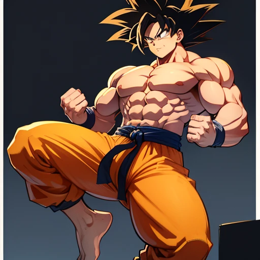 (A detailed drawing of goku, Bodybuilding-Fitnessstudio.),Anime picture, With bare upper body, the strongest of all, huge muscular body, Big Bizeps, large shoulders, Muscle legs,abs, barefoot, Martial arts, Kick with foot, Full body image, Rear view, side chest, crunch, beserk, barefoot, sole of the foot , Toes, anime-style