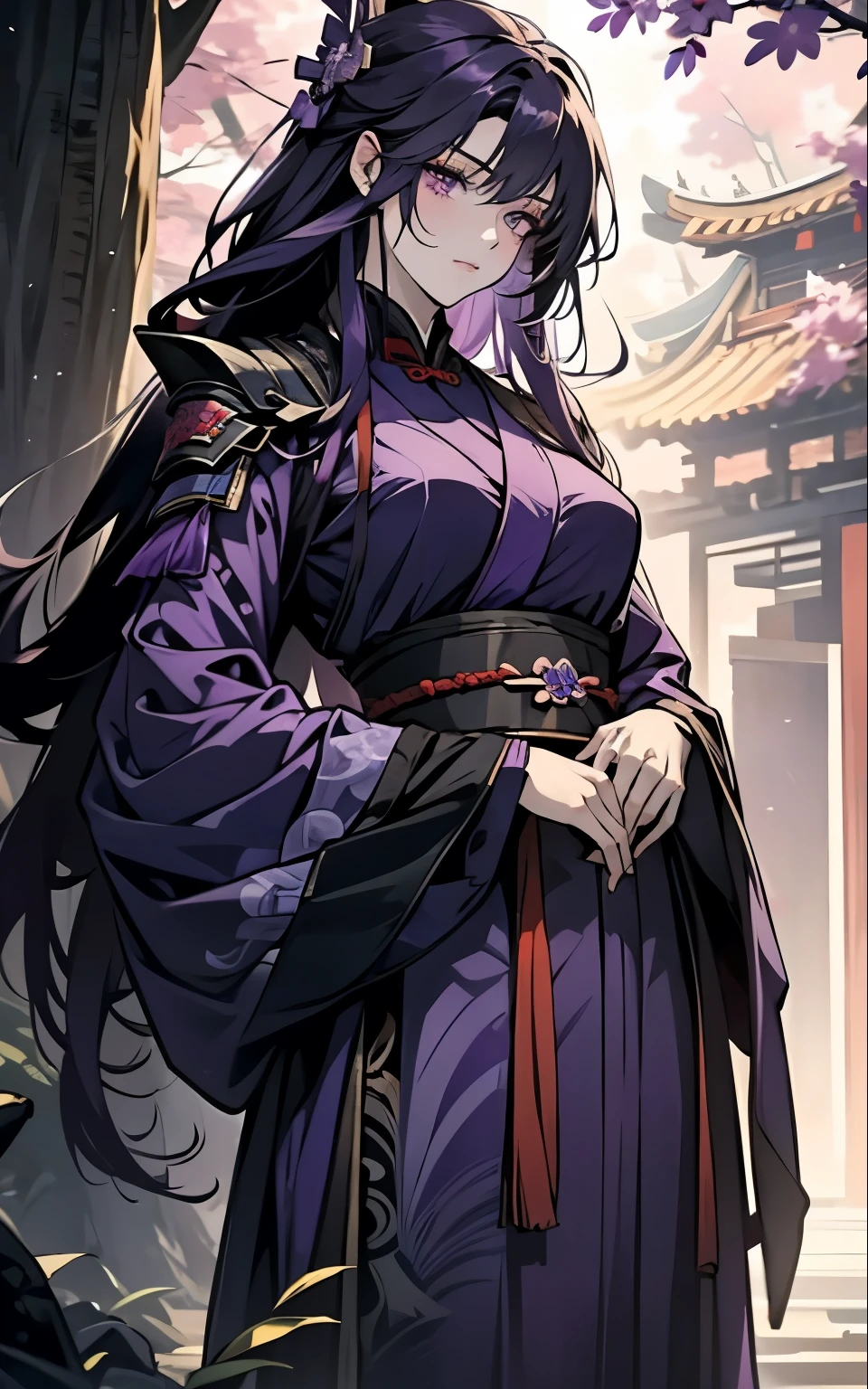 1 women, Raiden Shogun - genshin impact, long purple hair, violet eyes, violet chinese clothes, ultra long skirt, stands under a big tree in forest