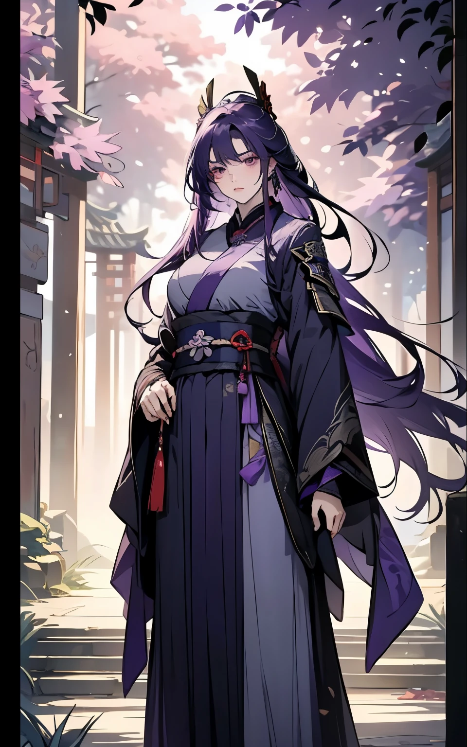1 women, Raiden Shogun - genshin impact, long purple hair, violet eyes, violet chinese clothes, ultra long skirt, stands under a big tree in forest