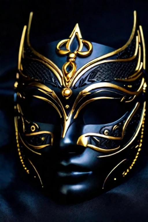 A black masquerade mask with golden lines, surrounded by darkness