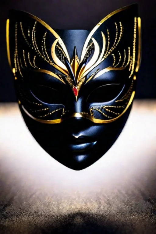 A black masquerade mask with golden lines, surrounded by darkness
