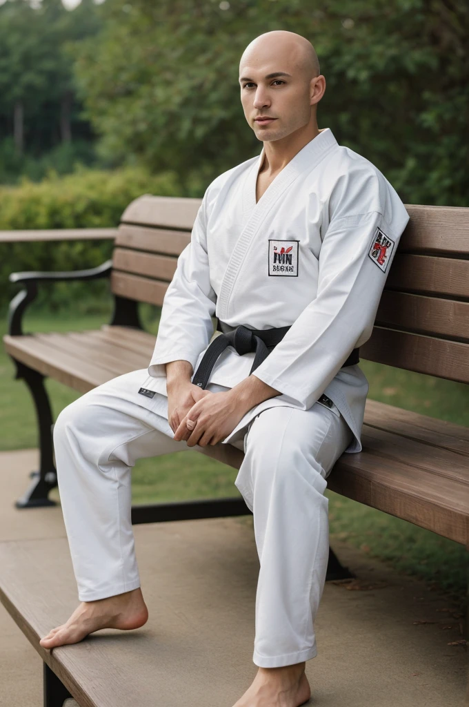 ((8k ((best quality)), ((masterpiece)), (very detailed), real face bald male muscular male full body wear karate suit sit on bench