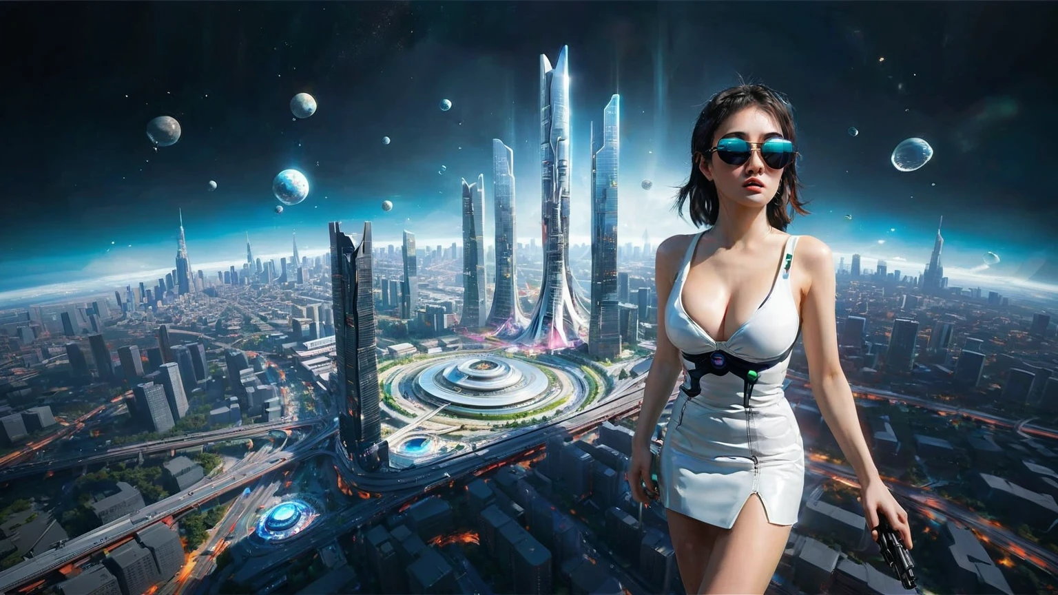 Brightly colored abstract aerial view image of a futuristic railway station with a spiral, a (((((futuristic all-glass train))))) passing by, epic beautiful space sci-fi, chaotic cinematic space rift, Greg Beeple, planets colliding, Beeple and Tim Hildebrandt, Beeple and Jean Giraud, end of the universe, (((((giant abstract sculpture))))), galaxy space sci-fi, ringworld, by Mike "Beeple" Winkelmann. Matrix style, (((((Matrix cascading code))))), (((((a futuristic twin tower skyscraper with a unique twisted design))))), (((((OLED GUI interfaces in the building))))), at night, (((((1girl, solo))))), photo realistic, (((large-breast:1.1 slim body, cleavage:1.4))), (((off broken mini sling-shirt and black sling bra, extreamly short pleated miniskirt exposing panty))), (((((running pose))))), (((((((matrix style black micro sunglasses))))))), ((((((((((aiming with a short gun)))))))))), (((((looking at camera))))), (((very low view))), (((((half-body thigh level medium shot))))), (((cinematic lighting))).