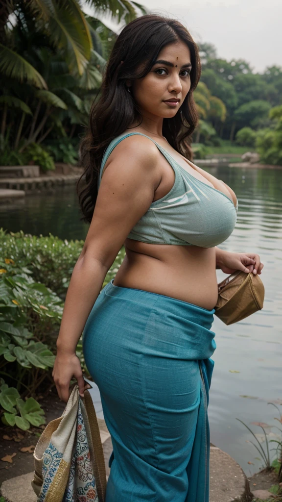 Indian bbw cute 35 years old marriage women lifelike, high - resolution bbw women with a perfect figure Super fine face and eyes, slong hair, small Tank top dark bluecolors, Wearing a traditional saree, bulky figure, huge big extra large and , full body ,looking front ,big butt, fair complexion, pond backgrounds. Big breast, Plus size, body back pose 4k, 8k,