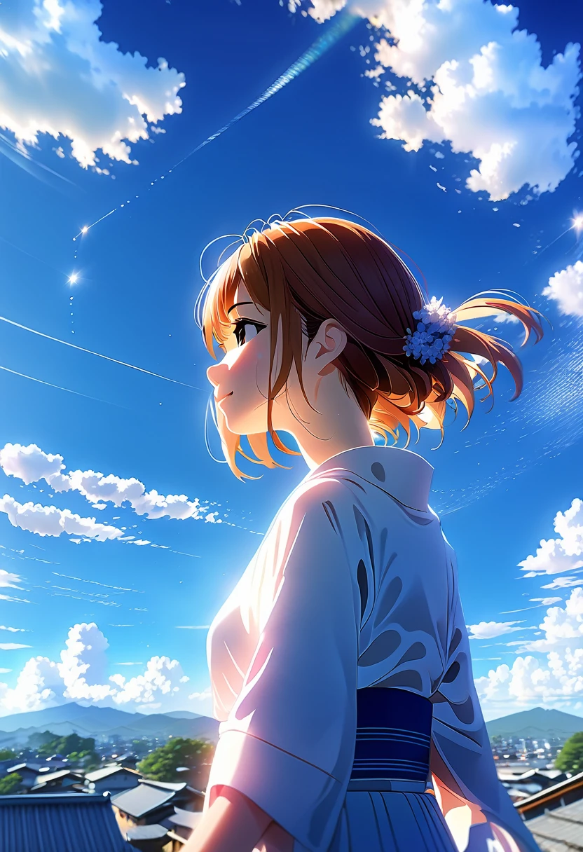 (Cinematic digital work of art: 1.3), high quality, masterpiece, top quality, super detail, illustration, [4K Digital Art]!!、 Kyoto in animation style, one woman, clavicle Beauty, clavicle, world, Hope, blue sky, positive, test, motivation, shine, Dynamic perspective