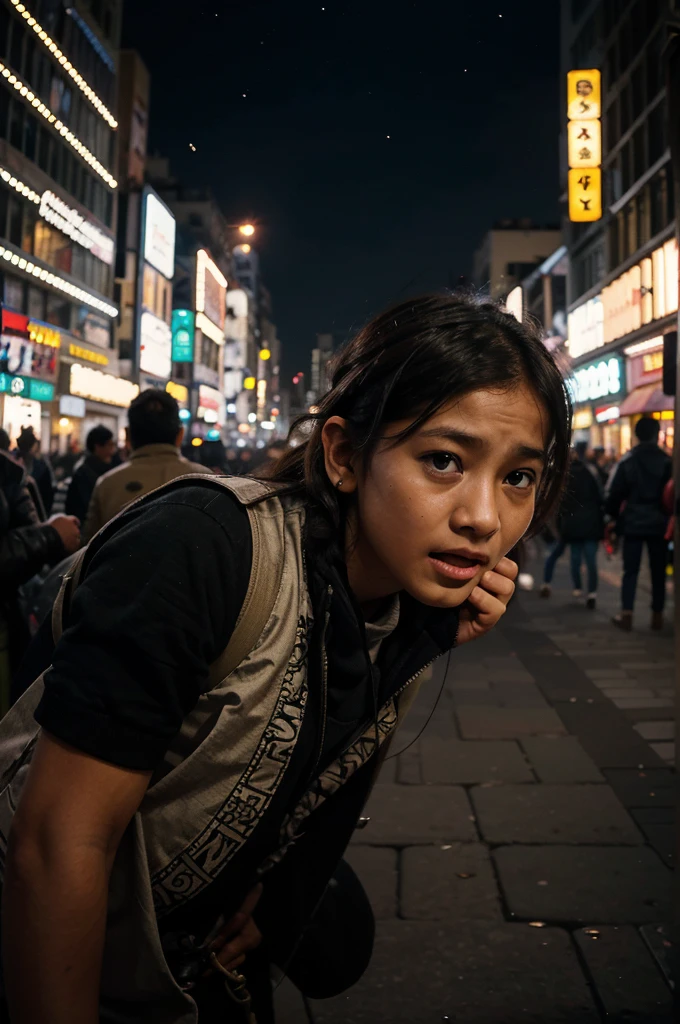 Draw an illustration of a small scavenger wailing in confusion amidst the bustling city residents and the twinkling lights of large and tall city buildings.