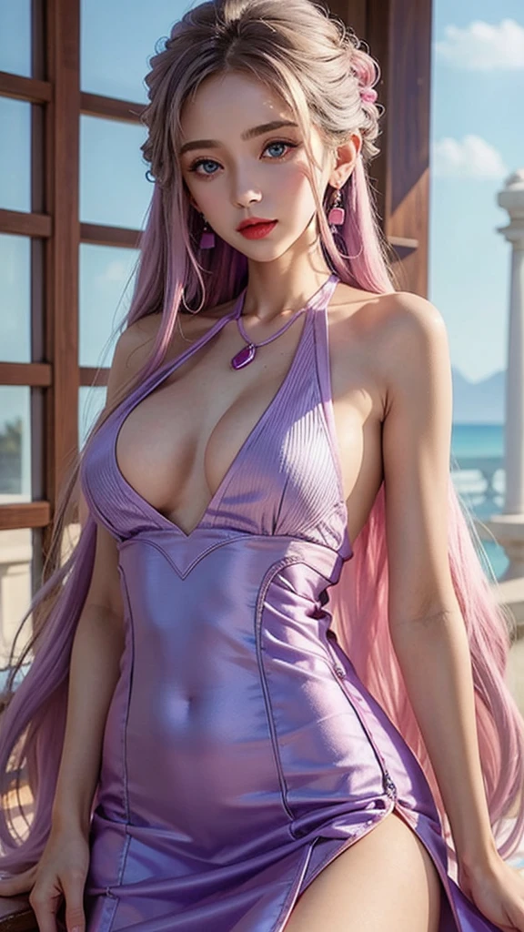 One female View your viewers A dress with bare shoulders Purple Dress Ample breasts Beautiful Skin Blue eyes Light pink lips Smooth, long hair Beautiful earrings Upper Body Platinum Necklace