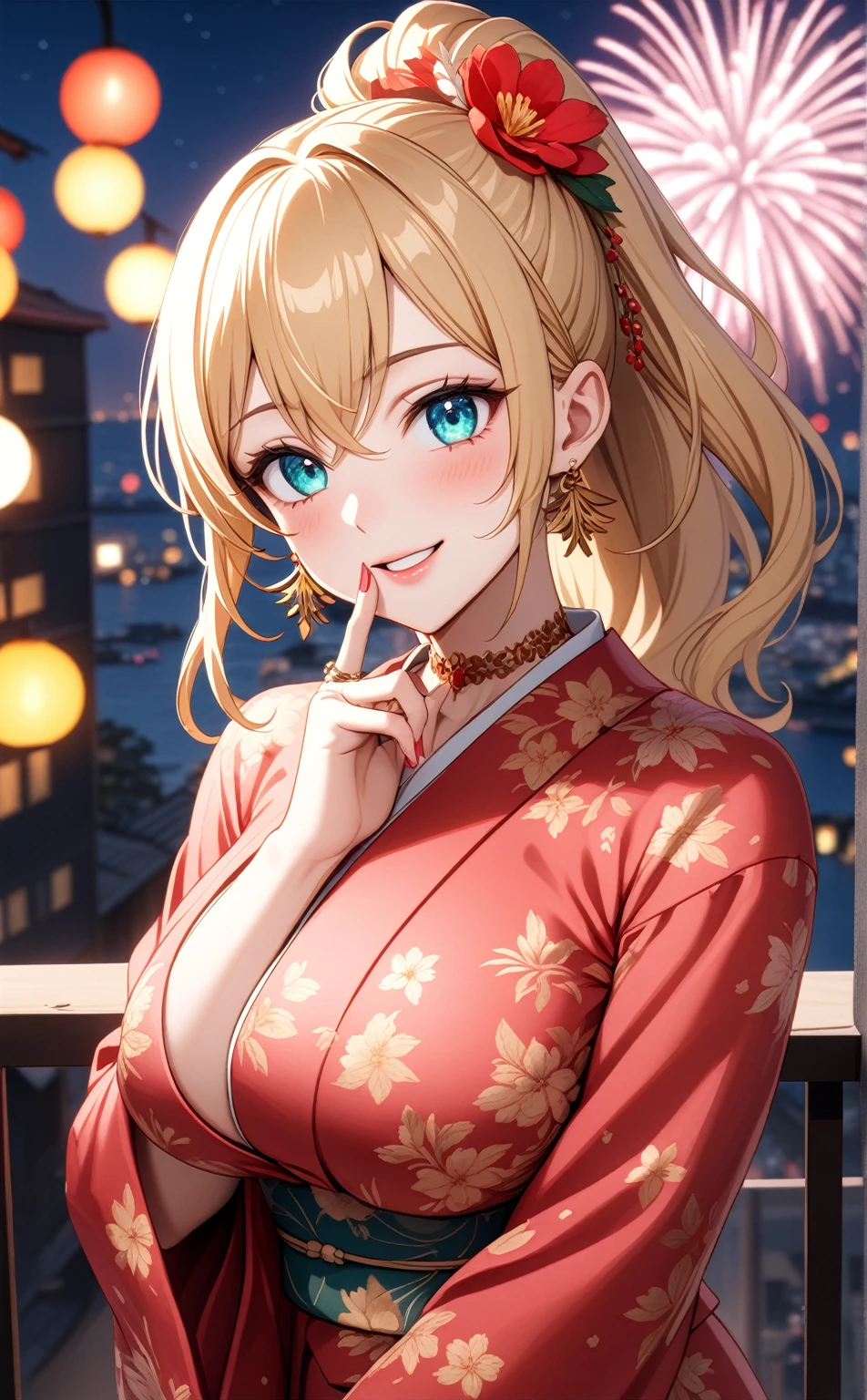 ((One personの女性)), Beautiful Face, Laughing embarrassedly,((Wink:1.5)),Laugh with your mouth wide open,((Red cheeks:1.4)),Glossy pink lips,(finger to mouth),night,rooftop,Festive decorations,You can see the ocean, firework,((Anime style background)),masterpiece, Highest quality, so beautiful, Latest, Complex details, (Pink long nails),(ring),(flower bracelet),Floral choker,AI-generated, Complex,High resolution, Highest quality, super high quality,3D Images、View your viewers、3D Images,One person,Long blonde hair,High Ponytail,Turquoise Eyes,Anime woman posing for a photo, (Fine grain, gradient eyes,Shining Eyes:1.3),(Squint your eyes:1.1),a hyperRealistic , hyperRealistic , Realistic,Blonde anime woman with long hair, Smooth anime CG art, A woman in a colorful kimono with gold embroidery, (Pink long sleeve kimono),Red floral pattern,Long flower hair ornament,Large floral earrings,(ring),(Big Breasts:1.2),Mature Body,Tall,Big Ass,Narrow waist,Abdominal muscles,(Zoom in on face:1.8),(Photographed from the front)