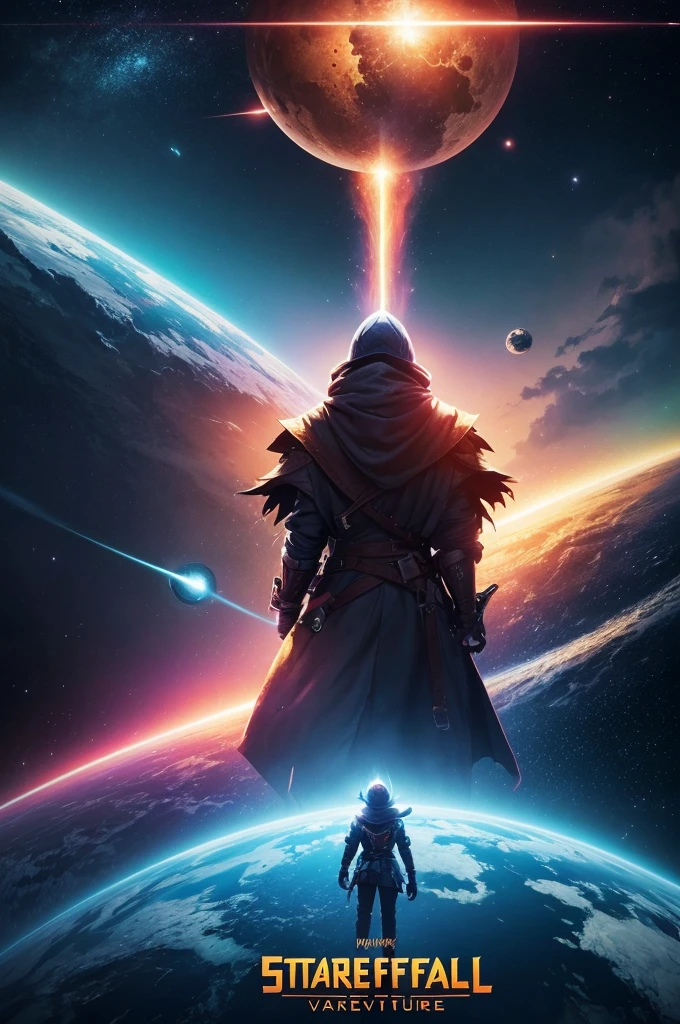 Make an illustrative image of a video game poster .
"STARFALL ADVENTURES" IT IS AN EXAMPLE.
in-game, PLAYERS EXPLORE A UNIVERSE WHERE STARFALL INFLUENCES THE FATE OF CHARACTERS.