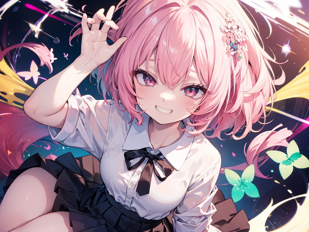 (8K、Highest quality、Highest quality、masterpiece)、Detailed face、One Woman、 Pink Hair、short hair、Open your mouth,Look down on me、Wicked Smile、Simple clothes,((Grin))、((shirt))、((skirt))