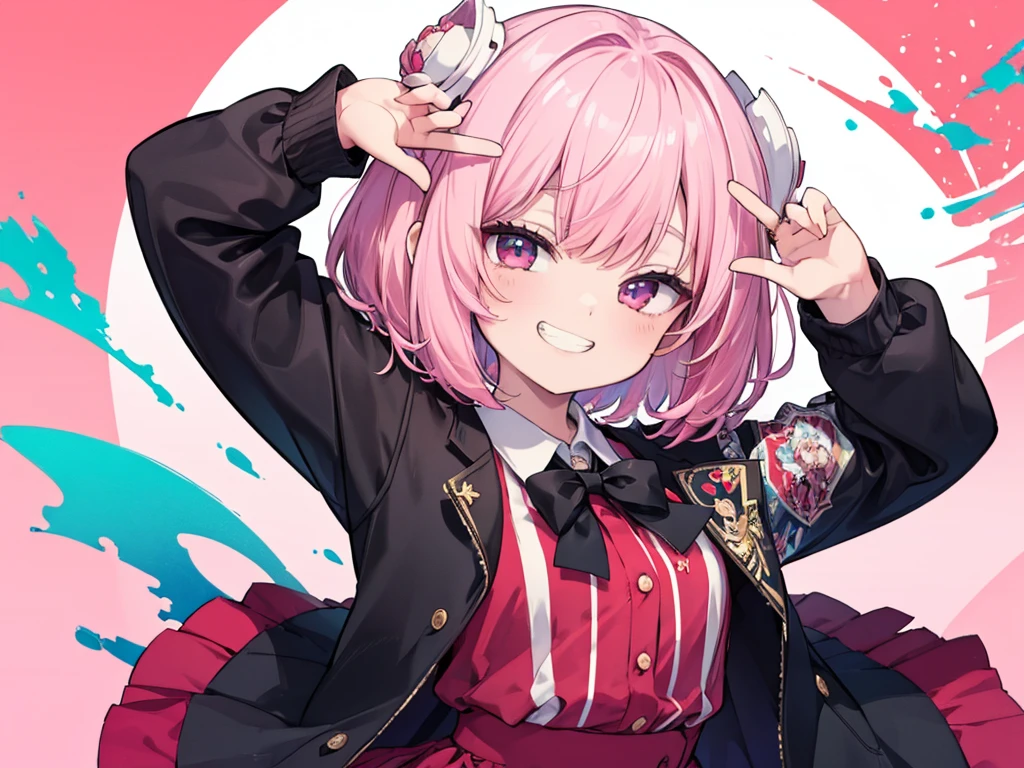(8K、Highest quality、Highest quality、masterpiece)、Detailed face、One Woman、 Pink Hair、short hair、Open your mouth,Look down on me、Wicked Smile、Simple clothes,((Grin))、((shirt))、((skirt))