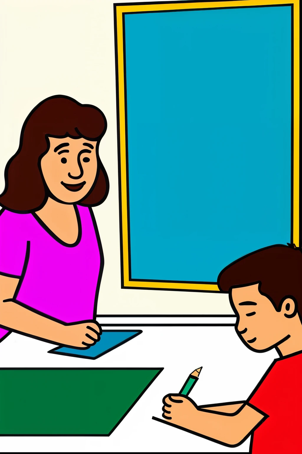 Create a drawing where the teacher is a mediator of an English class with children