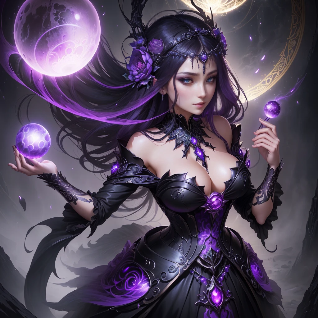 a woman in a black dress holding a purple orb, anime fantasy illustrations, fantasy art style, 2. 5 d cgi anime fantasy illustrations, a beautiful enchantress, beautiful necromancer girl, extremely detailed artistic germ, detailed fantasy art, High quality 8k detailed art, yoshitakka amano karol bak, beautiful enchantress