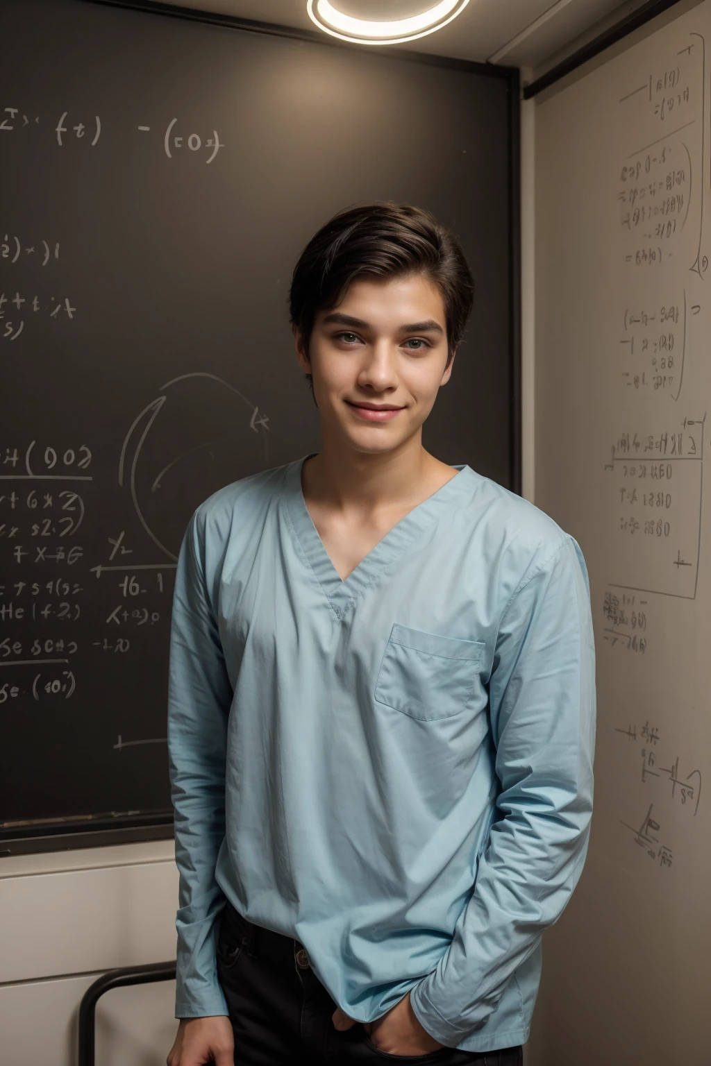 A beautiful, twinkly, male young man with a make-up face. He is wearing a long-sleeved aquamarine shirt and black jeans. He is in the surgical theater, and behind him is a blackboard with calculus and physics equations written on it. He looks proudly, and he has black hair.
