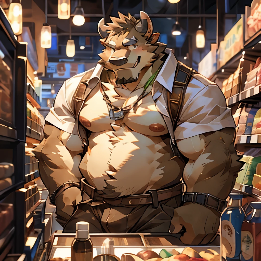 (CG 8K)Cow Orc,Brown fur,Very strong,Clean,obesity,An honest smile,good-looking,Slightly raised buttocks,Shy smile,Facing the camera,Close-up of face,Prominent nipples,White shirt,The nipple produces milk,Stand in the store,solitary,author:Takemoto Arashi ,From zixiong