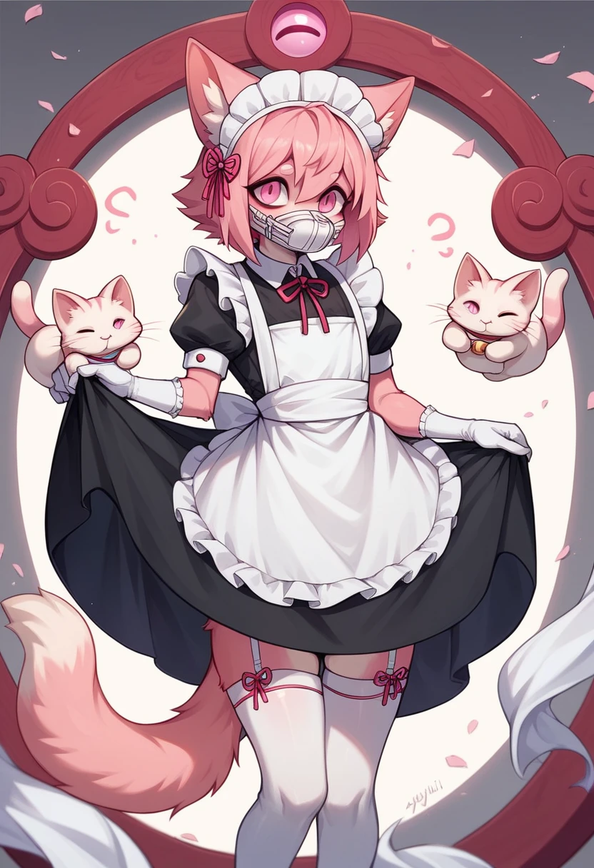 work of art, perfect, highy detailed, (small hibryd anthro cat femboy), fluffy black fur, ((pink eyes)), ((1))fluffy cat tail, hair long black, tiny chest, (Pink CAT Ears), Wearing a white collar, maid dress, White silk gloves, silk white thigh socks, using a muzzle , True muzzle, god of eyes, niji, god of eyes, niji,