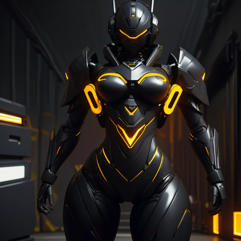 Dronificated unknown woman in a fully enclosed black latex fullbody suit with yellow lights across the suit and heart shaped glowing core in the chest, fully enclosed cyber helmet that cover her whole face and hides her identity with a gundam face, huge , narrow waist, wide hips and thick thighs, in a storage facility, no face, no hair, no mouth, no eyes, (masterpiece), (highres) (full body)