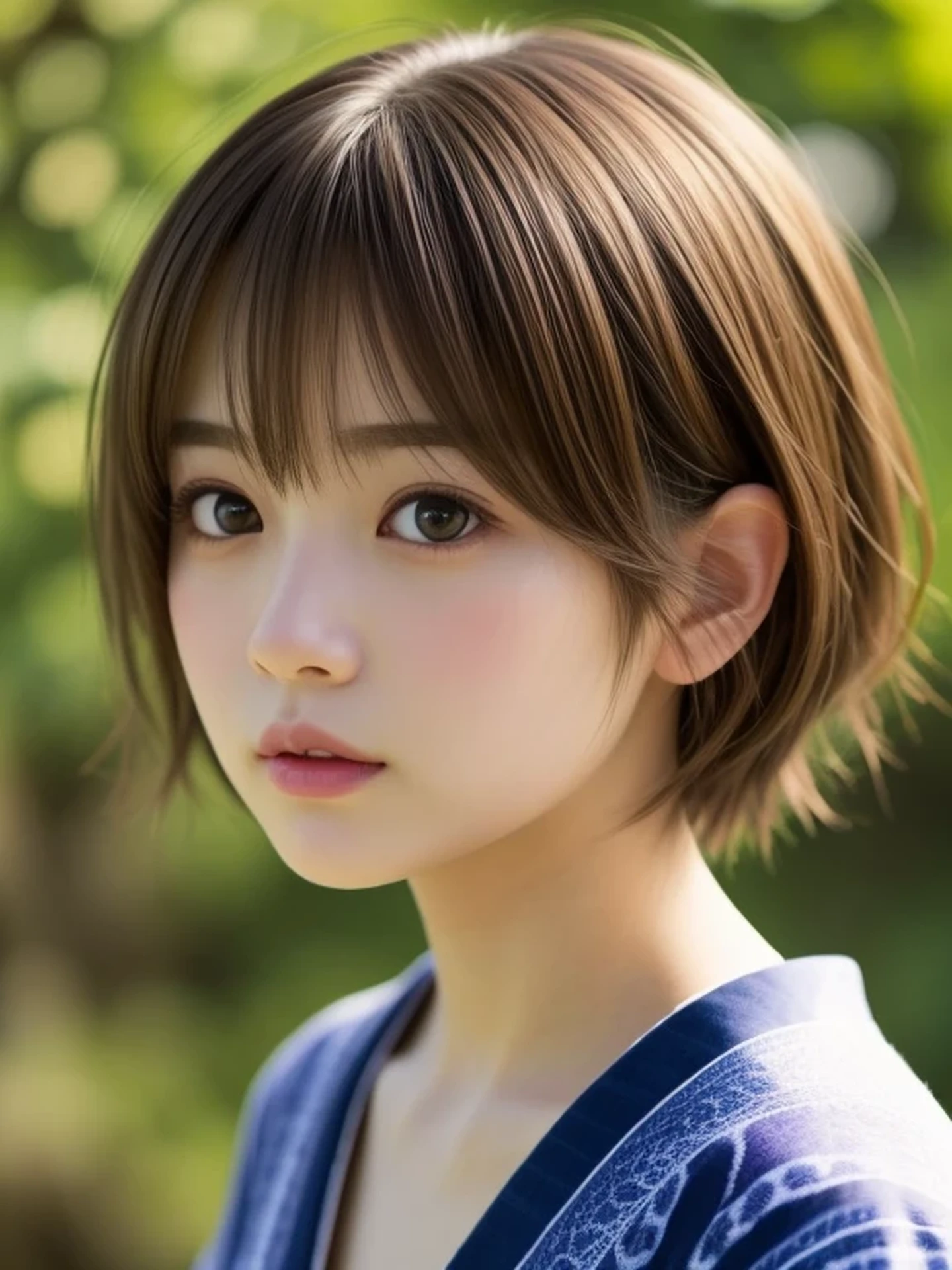 1 Japanese girl, (looking away:1.4), (upper body shot:1.2), Beautifully detailed eyeballs, catchlight in the eyes, Realistic digital painting of a woman portrait, Shy, Cute, open mouth to say something, sad, brown eyes, (short hair:1.1), (light brown brunette hair:1.3), (Highly detailed skin:1.2), Mystical style, Global Illumination, YUKATA. firework,