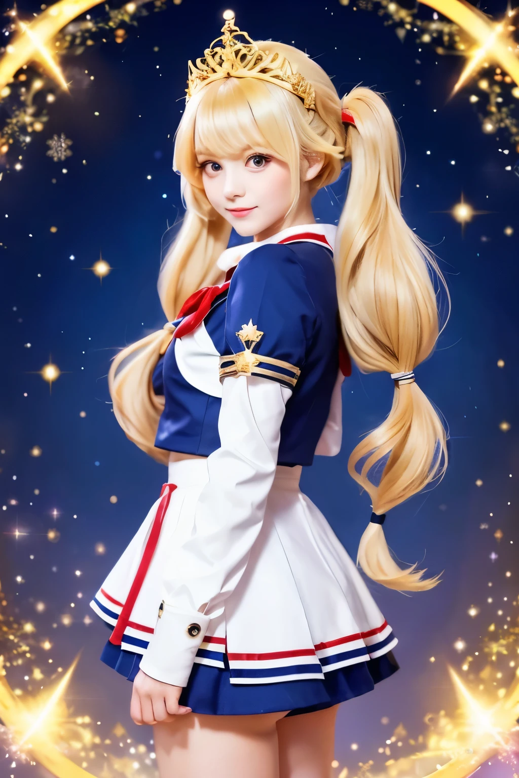A beautiful and magical anime girl with long blonde hair in twin tails, dressed in a sailor-style with a white bodice, blue collar, and red bow, wearing a golden tiara with a red gem, holding a magical moon-shaped wand, standing in a dynamic pose with a starry night sky background. She embodies grace, strength, and magical power.