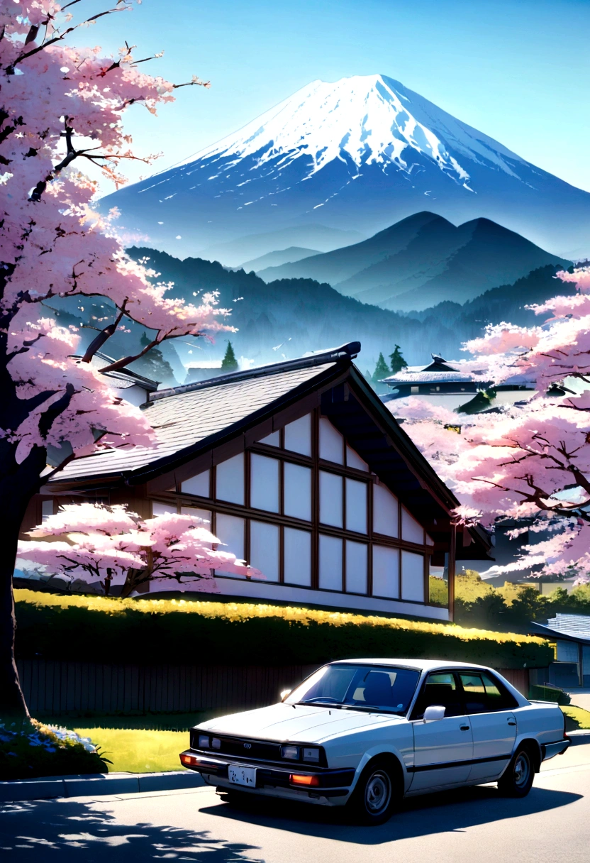 Toyota corolla 1990 parked in front of a modern house with japan mountain landscape with spring and trees