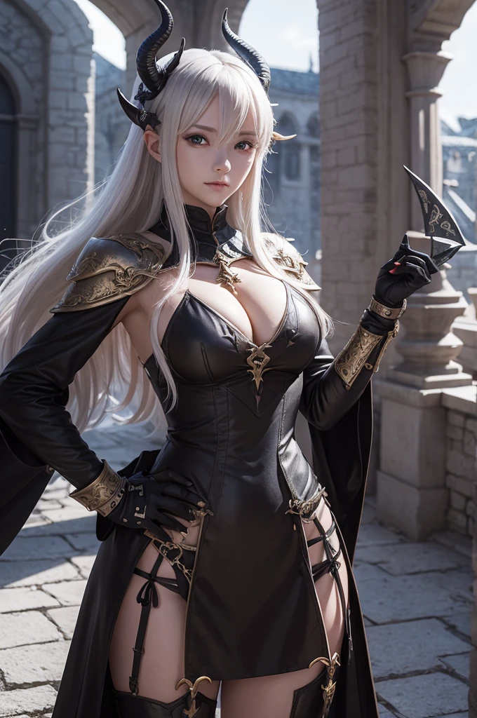 Arthuria pendragon with a pair of dragon horns, in the anime model